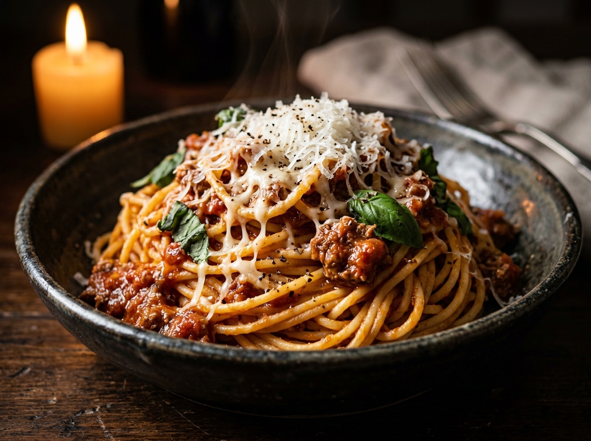 Signature spaghetti bolognese with Parmigiano and fresh basil Pastalicious