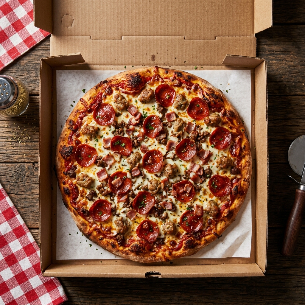 Meat Lover pizza in Pastalicious box