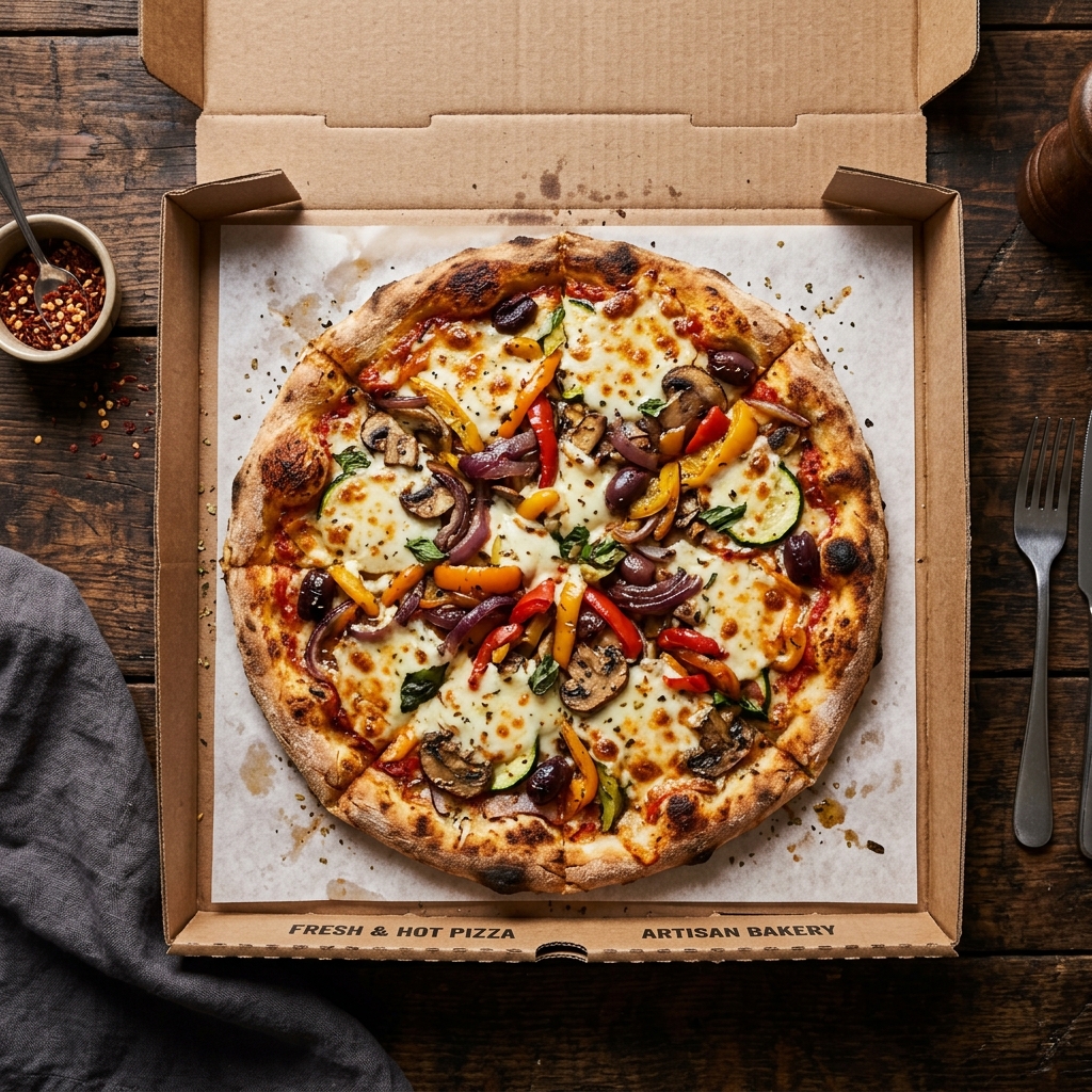 Vegetarian pizza in Pastalicious box